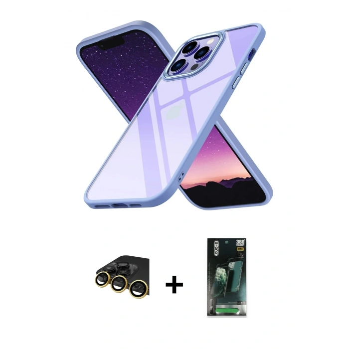 MARSİLYAN™- iPhone 14 Pro Max Kılıf Nova Işık Serisi - Şeffaf 360 Full Body Arka Koruyucu + Raze Metal Kamera Lens - GD