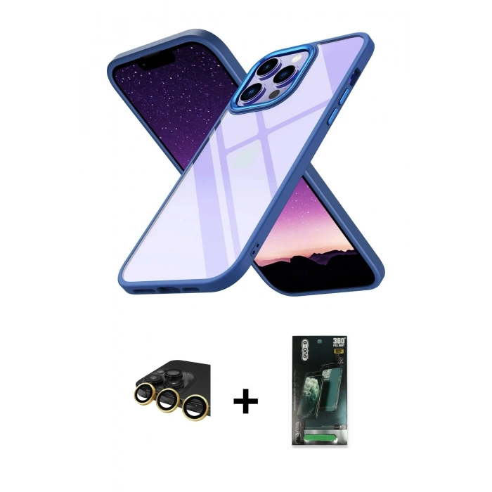 MARSİLYAN™- iPhone 14 Pro Max Kılıf Nova Işık Serisi - Şeffaf 360 Full Body Arka Koruyucu + Raze Metal Kamera Lens - GD