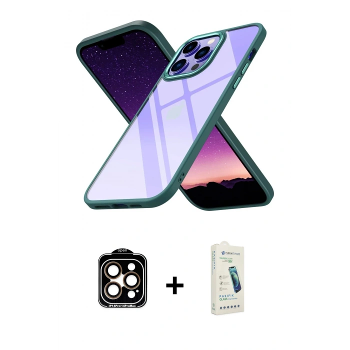 MARSİLYAN™- iPhone 14 Pro Max Kılıf Nova Işık Serisi - Şeffaf Pasifik Cam Ekran Koruyucu + PVD Metal Kamera Lens - TU