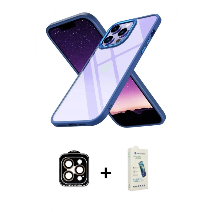 MARSİLYAN™- iPhone 14 Pro Max Kılıf Nova Işık Serisi - Şeffaf Pasifik Cam Ekran Koruyucu + PVD Metal Kamera Lens - TU