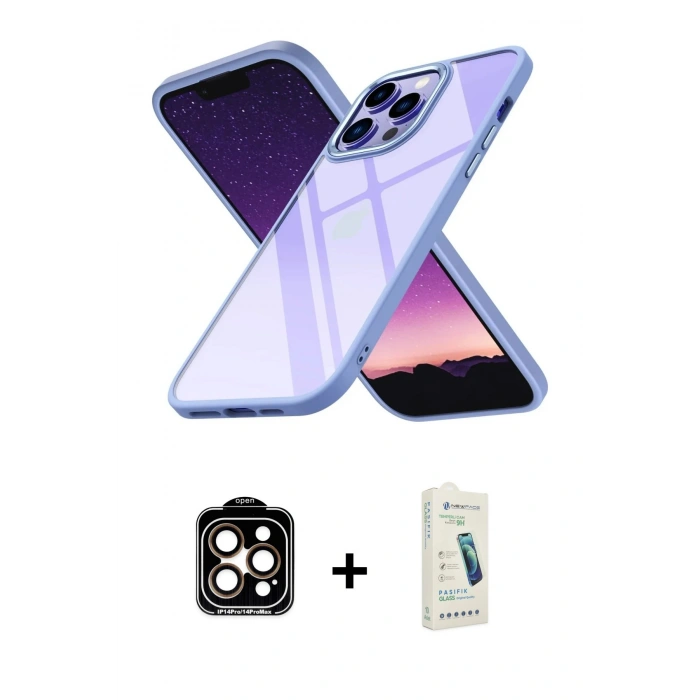 MARSİLYAN™- iPhone 14 Pro Max Kılıf Nova Işık Serisi - Şeffaf Pasifik Cam Ekran Koruyucu + PVD Metal Kamera Lens - TU
