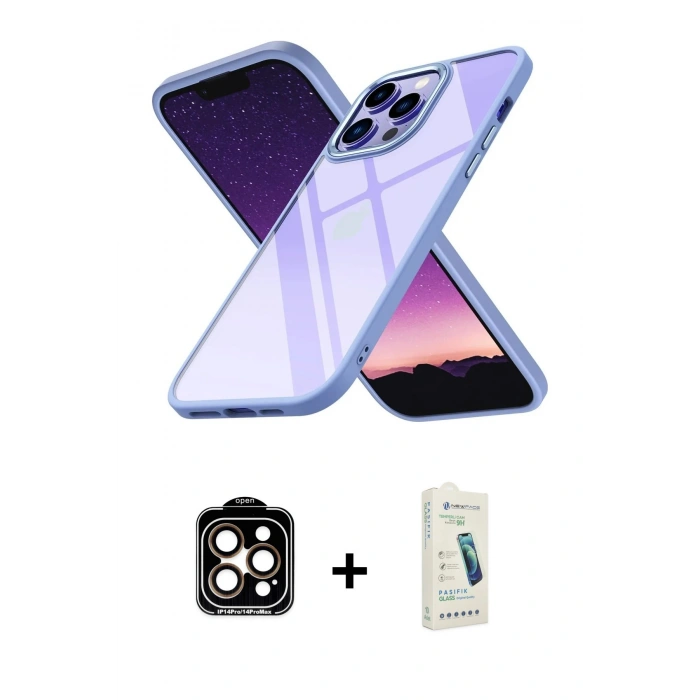 MARSİLYAN™- iPhone 14 Pro Max Kılıf Nova Işık Serisi - Şeffaf Pasifik Cam Ekran Koruyucu + PVD Metal Kamera Lens - TU