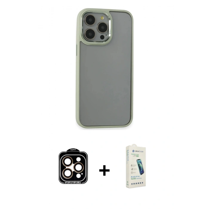 MARSİLYAN™- iPhone 14 Pro Max Kılıf Nova Işık Serisi - Şeffaf Pasifik Cam Ekran Koruyucu + PVD Metal Kamera Lens - TU