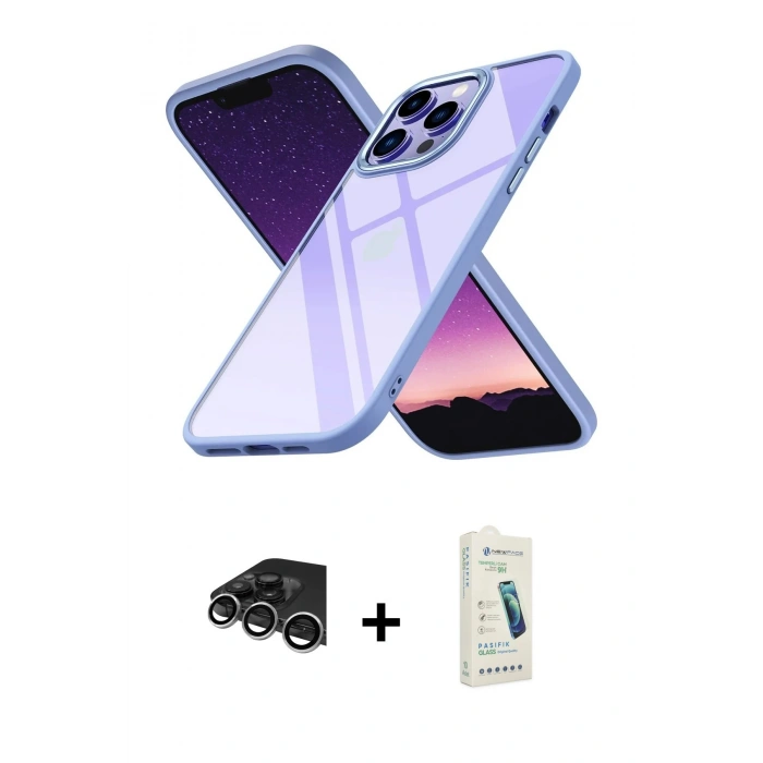 MARSİLYAN™- iPhone 14 Pro Max Kılıf Nova Işık Serisi - Şeffaf Pasifik Cam Ekran Koruyucu + Raze Metal Kamera Lens - GS