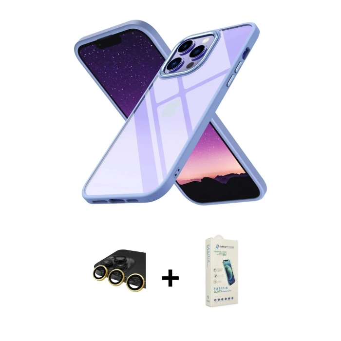 MARSİLYAN™- iPhone 14 Pro Max Kılıf Nova Işık Serisi - Şeffaf Pasifik Cam Ekran Koruyucu + Raze Metal Kamera Lens - GD