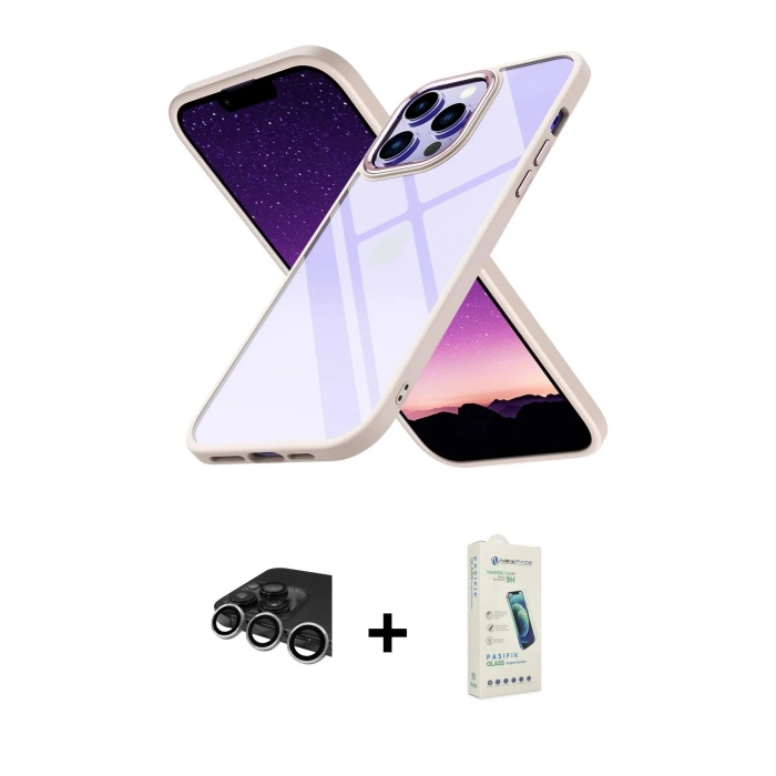 MARSİLYAN™- iPhone 14 Pro Max Kılıf Nova Işık Serisi - Şeffaf Pasifik Cam Ekran Koruyucu + Raze Metal Kamera Lens - GS