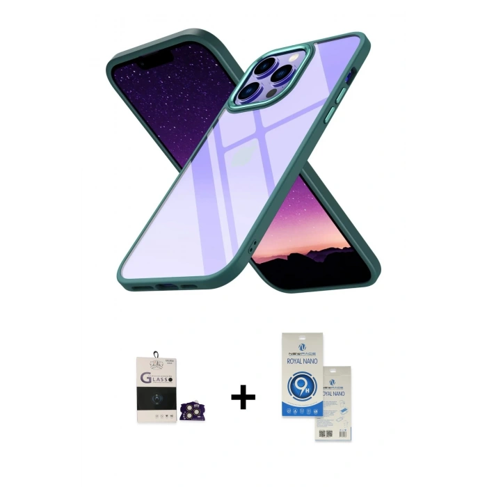 MARSİLYAN™- iPhone 14 Pro Max Kılıf Nova Işık Serisi - Şeffaf Royal Nano Ekran Koruyucu + Bilvis Titan Kamera Lens - GD