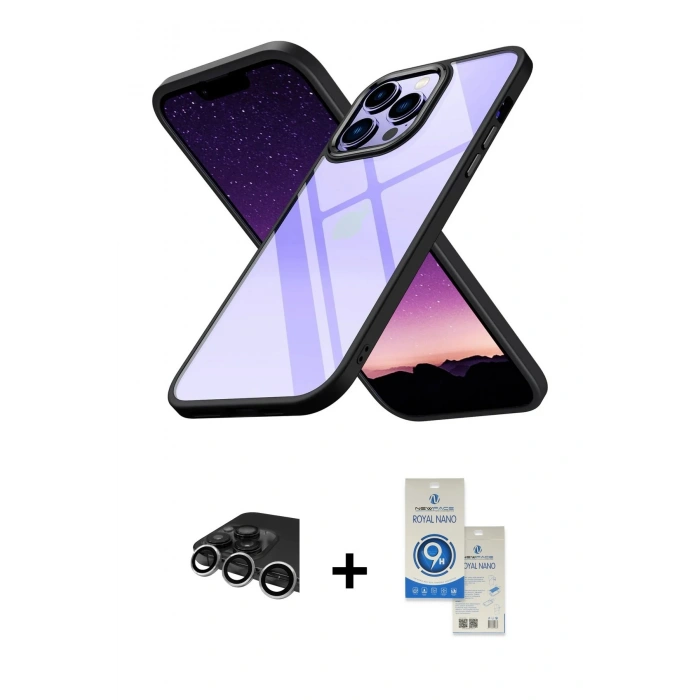 MARSİLYAN™- iPhone 14 Pro Max Kılıf Nova Işık Serisi - Şeffaf Royal Nano Ekran Koruyucu + Gümüş Raze Metal Kamera Lens