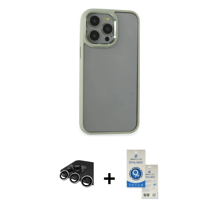 MARSİLYAN™- iPhone 14 Pro Max Kılıf Nova Işık Serisi - Şeffaf Royal Nano Ekran Koruyucu + Gümüş Raze Metal Kamera Lens