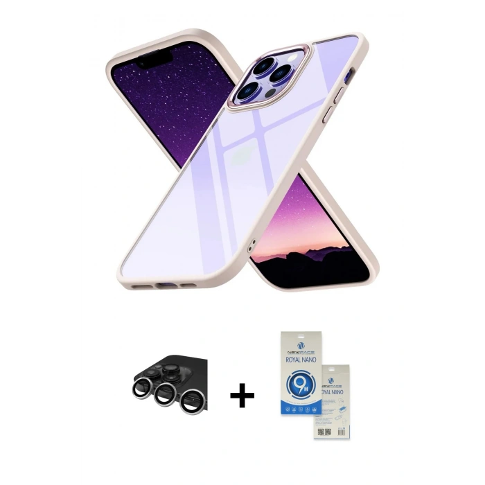 MARSİLYAN™- iPhone 14 Pro Max Kılıf Nova Işık Serisi - Şeffaf Royal Nano Ekran Koruyucu + Gümüş Raze Metal Kamera Lens