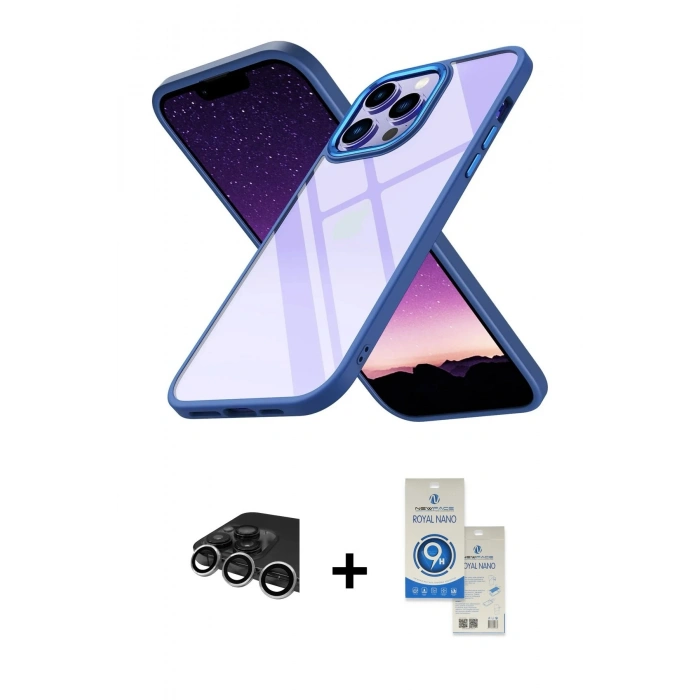 MARSİLYAN™- iPhone 14 Pro Max Kılıf Nova Işık Serisi - Şeffaf Royal Nano Ekran Koruyucu + Gümüş Raze Metal Kamera Lens
