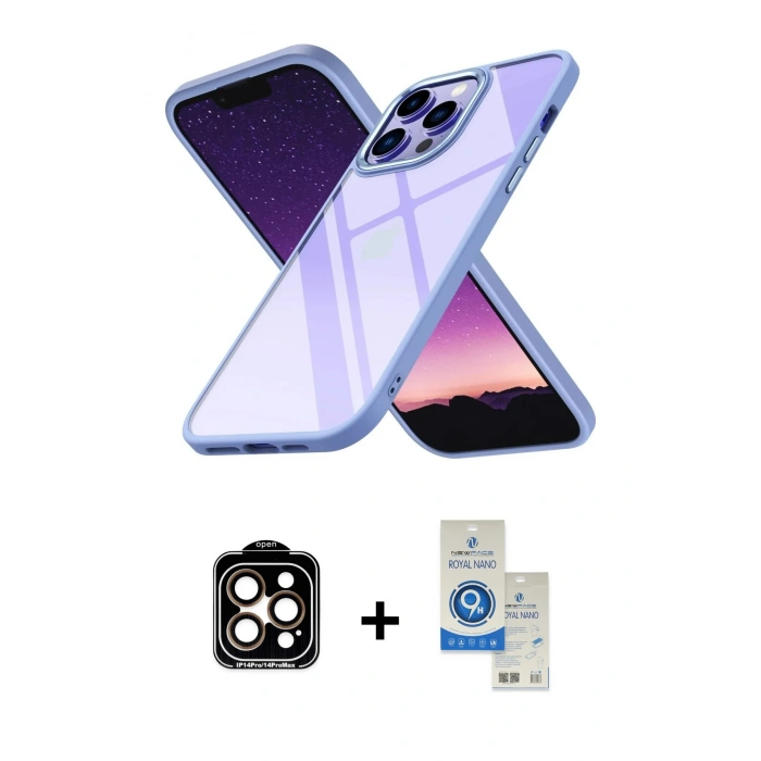 MARSİLYAN™- iPhone 14 Pro Max Kılıf Nova Işık Serisi - Şeffaf Royal Nano Ekran Koruyucu + PVD Metal Kamera Lens - TU