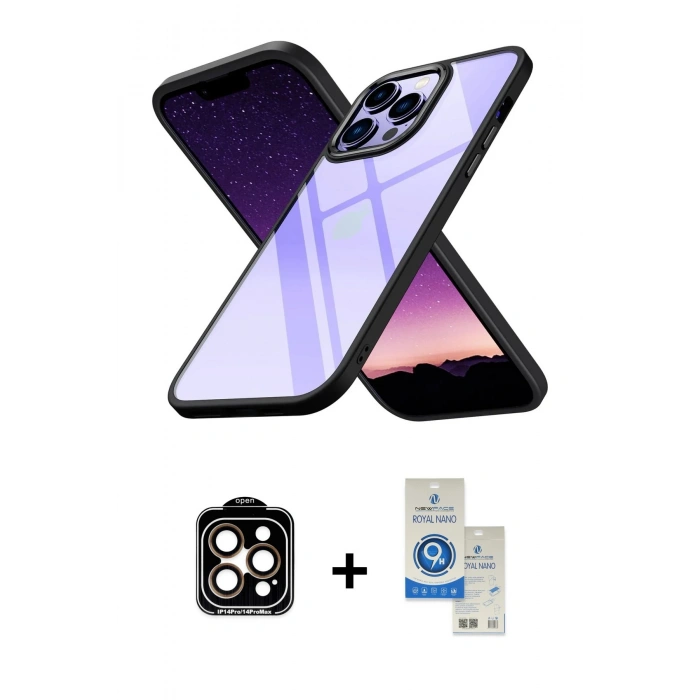 MARSİLYAN™- iPhone 14 Pro Max Kılıf Nova Işık Serisi - Şeffaf Royal Nano Ekran Koruyucu + PVD Metal Kamera Lens - TU
