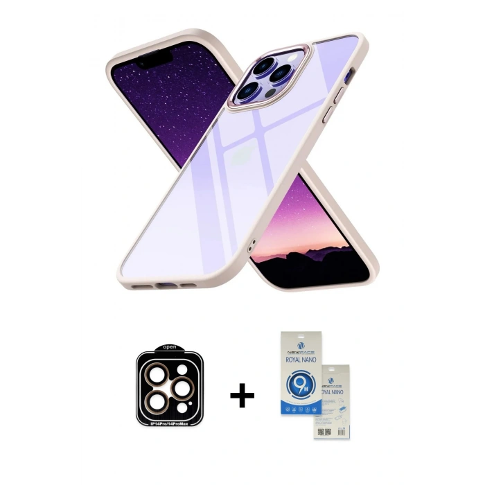MARSİLYAN™- iPhone 14 Pro Max Kılıf Nova Işık Serisi - Şeffaf Royal Nano Ekran Koruyucu + PVD Metal Kamera Lens - TU