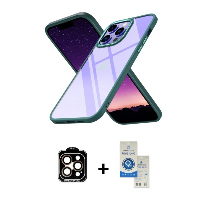 MARSİLYAN™- iPhone 14 Pro Max Kılıf Nova Işık Serisi - Şeffaf Royal Nano Ekran Koruyucu + PVD Metal Kamera Lens - TU