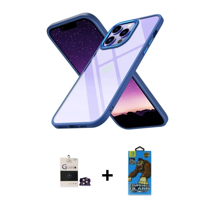 MARSİLYAN™- iPhone 14 Pro Max Kılıf Nova Işık Serisi - Siyah 18D Cam Ekran Koruyucu + Bilvis Titan Kamera Lens - GD