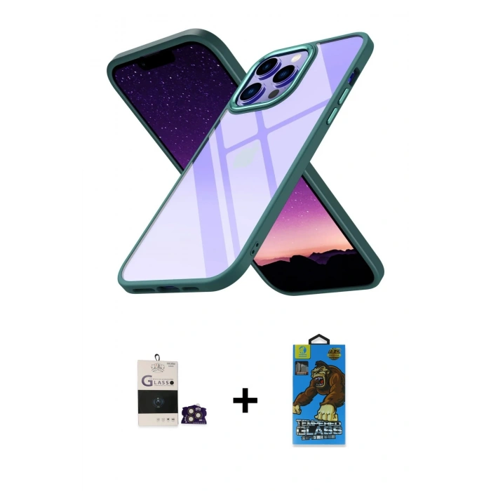 MARSİLYAN™- iPhone 14 Pro Max Kılıf Nova Işık Serisi - Siyah 18D Cam Ekran Koruyucu + Bilvis Titan Kamera Lens - GD
