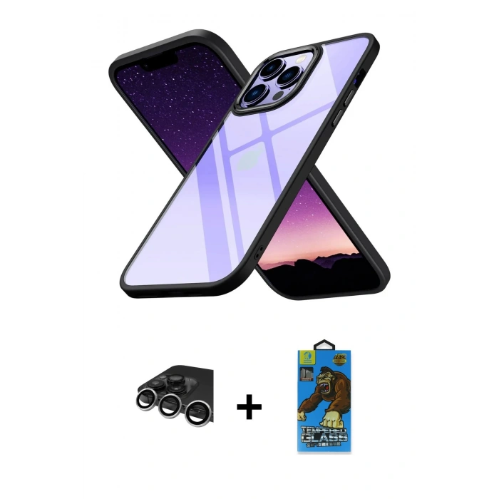 MARSİLYAN™- iPhone 14 Pro Max Kılıf Nova Işık Serisi - Siyah 18D Cam Ekran Koruyucu + Gümüş Raze Metal Kamera Lens