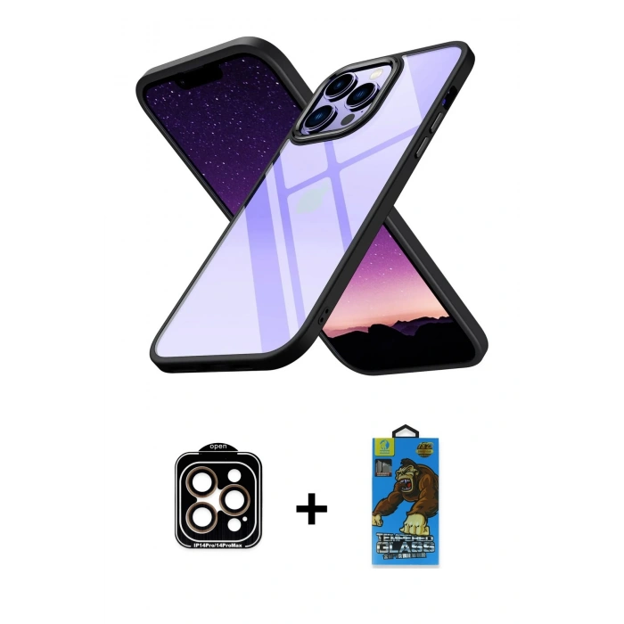 MARSİLYAN™- iPhone 14 Pro Max Kılıf Nova Işık Serisi - Siyah 18D Cam Ekran Koruyucu + PVD Metal Kamera Lens - TU