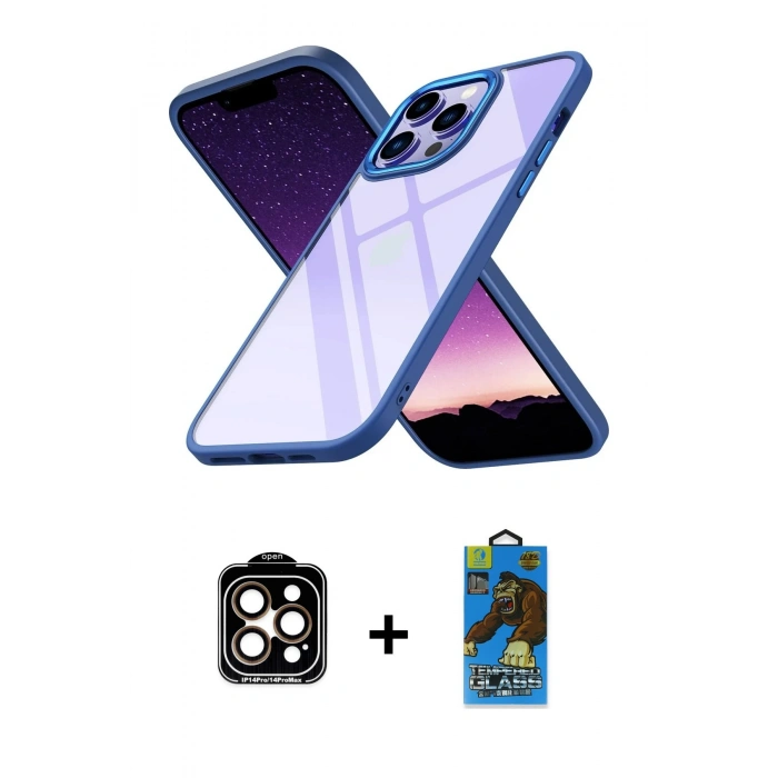 MARSİLYAN™- iPhone 14 Pro Max Kılıf Nova Işık Serisi - Siyah 18D Cam Ekran Koruyucu + PVD Metal Kamera Lens - TU