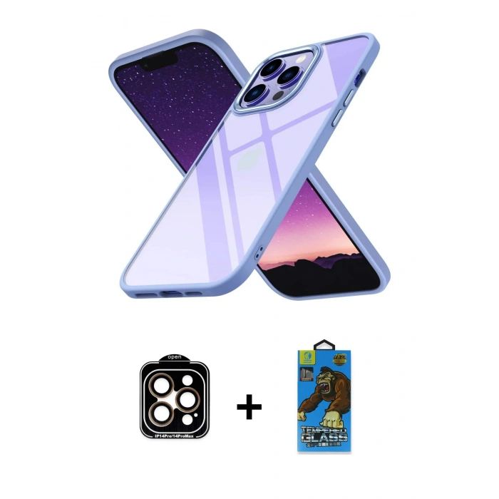 MARSİLYAN™- iPhone 14 Pro Max Kılıf Nova Işık Serisi - Siyah 18D Cam Ekran Koruyucu + PVD Metal Kamera Lens - TU