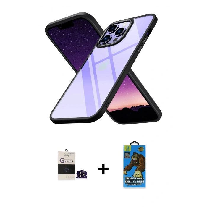 MARSİLYAN™- iPhone 14 Pro Max Kılıf Nova Işık Serisi - Siyah 18D Cam Ekran Koruyucu + Bilvis Titan Kamera Lens - SH