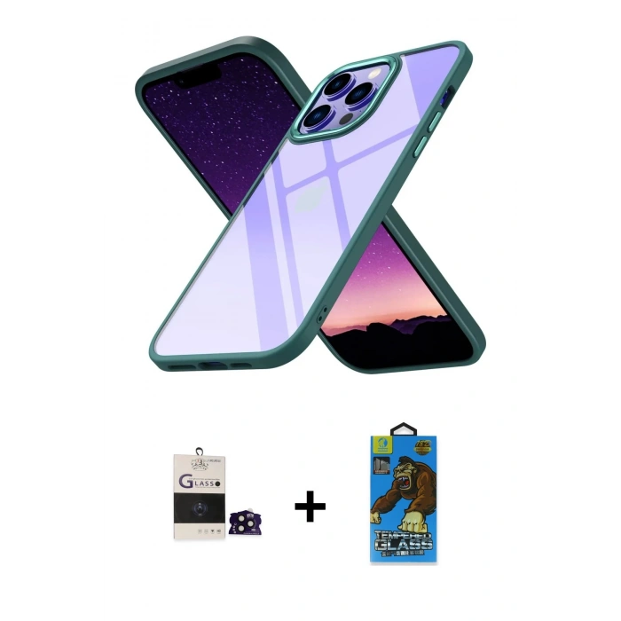 MARSİLYAN™- iPhone 14 Pro Max Kılıf Nova Işık Serisi - Siyah 18D Cam Ekran Koruyucu + Bilvis Titan Kamera Lens - SH