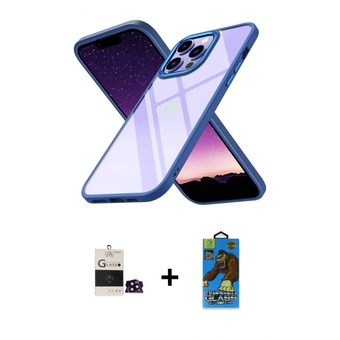 MARSİLYAN™- iPhone 14 Pro Max Kılıf Nova Işık Serisi - Siyah 18D Cam Ekran Koruyucu + Bilvis Titan Kamera Lens - SH