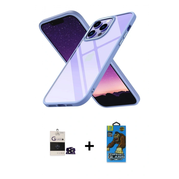 MARSİLYAN™- iPhone 14 Pro Max Kılıf Nova Işık Serisi - Siyah 18D Cam Ekran Koruyucu + Bilvis Titan Kamera Lens - SH