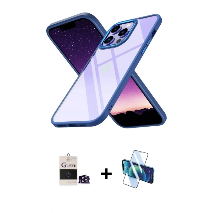 MARSİLYAN™- iPhone 14 Pro Max Kılıf Nova Işık Serisi - Siyah 3D Antistatik Cam Ekran Koruyucu + Bilvis Titan Kamera Lens - SH