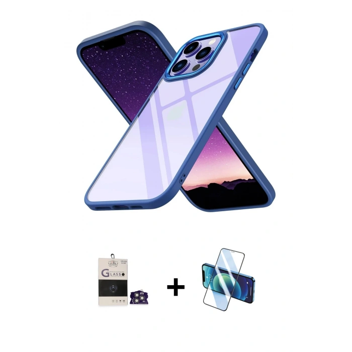 MARSİLYAN™- iPhone 14 Pro Max Kılıf Nova Işık Serisi - Siyah 3D Antistatik Cam Ekran Koruyucu + Bilvis Titan Kamera Lens - GS
