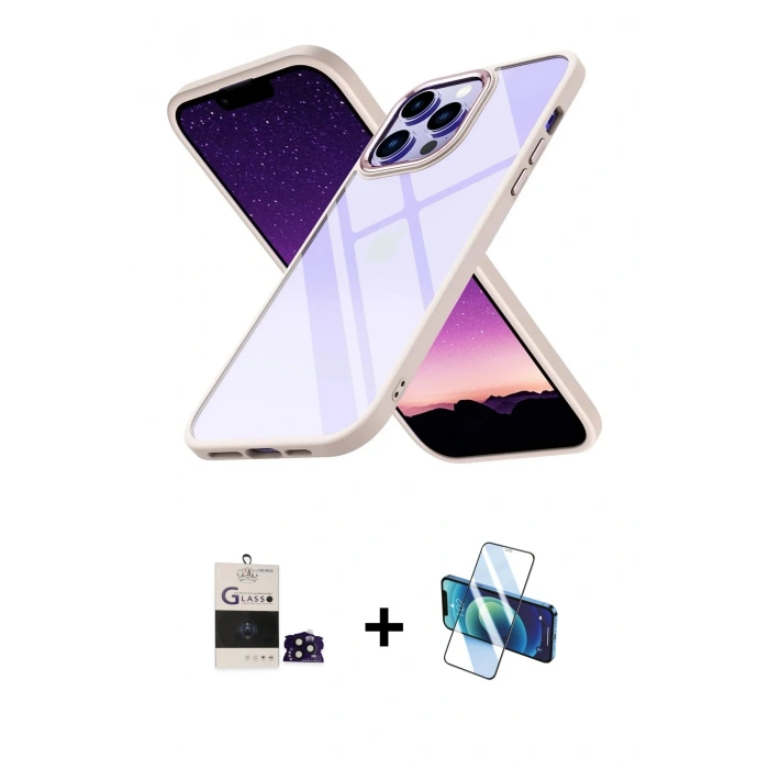 MARSİLYAN™- iPhone 14 Pro Max Kılıf Nova Işık Serisi - Siyah 3D Antistatik Cam Ekran Koruyucu + Bilvis Titan Kamera Lens - SH