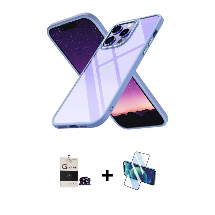 MARSİLYAN™- iPhone 14 Pro Max Kılıf Nova Işık Serisi - Siyah 3D Antistatik Cam Ekran Koruyucu + Bilvis Titan Kamera Lens - SH