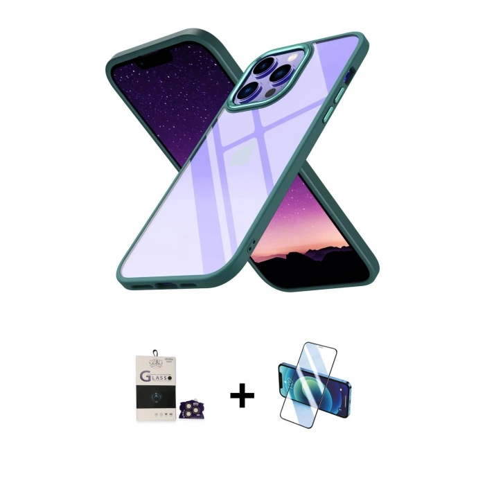 MARSİLYAN™- iPhone 14 Pro Max Kılıf Nova Işık Serisi - Siyah 3D Antistatik Cam Ekran Koruyucu + Gold Bilvis Titan Kamera Lens