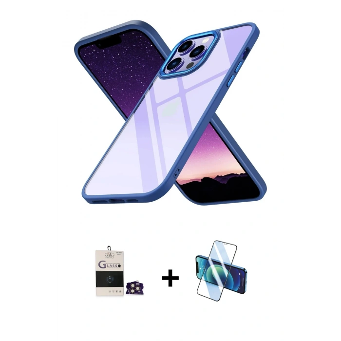 MARSİLYAN™- iPhone 14 Pro Max Kılıf Nova Işık Serisi - Siyah 3D Antistatik Cam Ekran Koruyucu + Gold Bilvis Titan Kamera Lens