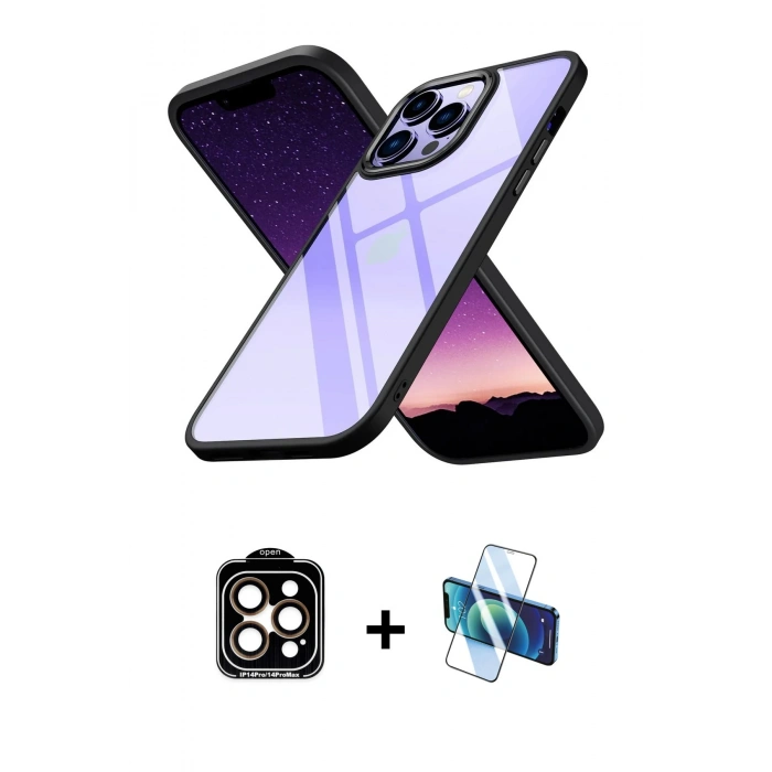 MARSİLYAN™- iPhone 14 Pro Max Kılıf Nova Işık Serisi - Siyah 3D Antistatik Cam Ekran Koruyucu + PVD Metal Kamera Lens - TU