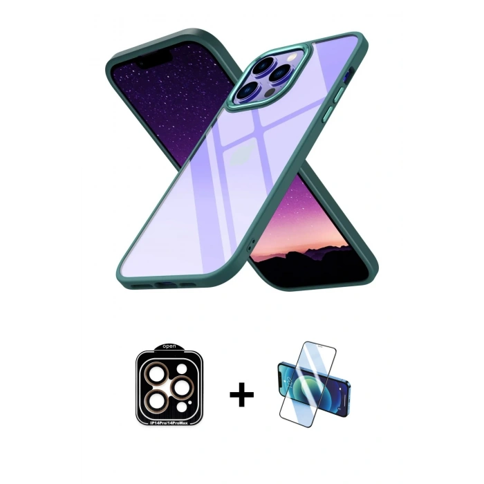 MARSİLYAN™- iPhone 14 Pro Max Kılıf Nova Işık Serisi - Siyah 3D Antistatik Cam Ekran Koruyucu + PVD Metal Kamera Lens - TU