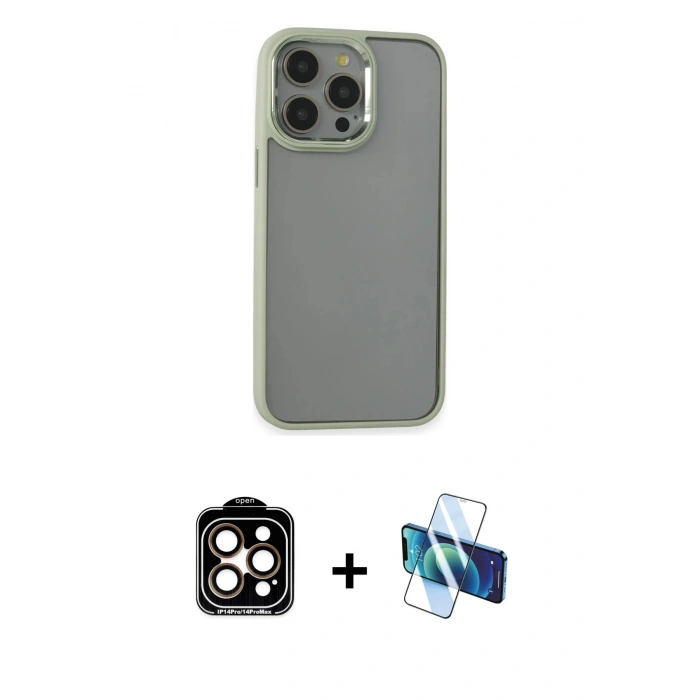 MARSİLYAN™- iPhone 14 Pro Max Kılıf Nova Işık Serisi - Siyah 3D Antistatik Cam Ekran Koruyucu + PVD Metal Kamera Lens - TU