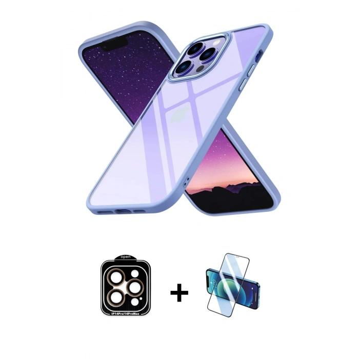 MARSİLYAN™- iPhone 14 Pro Max Kılıf Nova Işık Serisi - Siyah 3D Antistatik Cam Ekran Koruyucu + PVD Metal Kamera Lens - TU
