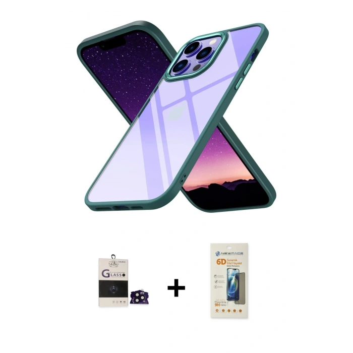 MARSİLYAN™- iPhone 14 Pro Max Kılıf Nova Işık Serisi - Siyah 6D Mat Seramik Hayalet Nano Ekran Koruyucu + Bilvis Titan Kamera Lens - SH