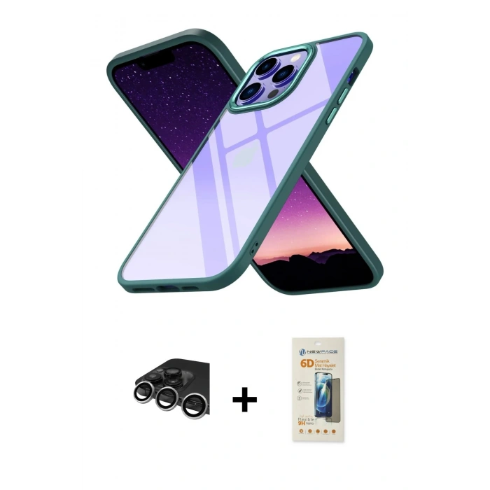 MARSİLYAN™- iPhone 14 Pro Max Kılıf Nova Işık Serisi - Siyah 6D Mat Seramik Hayalet Nano Ekran Koruyucu + Gümüş Raze Metal Kamera Lens