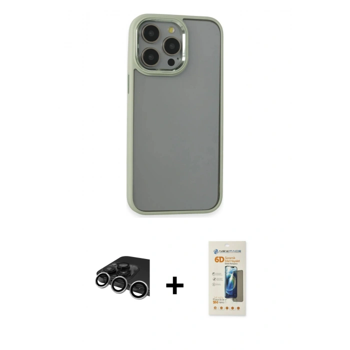 MARSİLYAN™- iPhone 14 Pro Max Kılıf Nova Işık Serisi - Siyah 6D Mat Seramik Hayalet Nano Ekran Koruyucu + Gümüş Raze Metal Kamera Lens