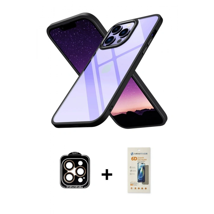 MARSİLYAN™- iPhone 14 Pro Max Kılıf Nova Işık Serisi - Siyah 6D Mat Seramik Hayalet Nano Ekran Koruyucu + PVD Metal Kamera Lens - TU