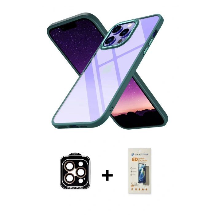 MARSİLYAN™- iPhone 14 Pro Max Kılıf Nova Işık Serisi - Siyah 6D Mat Seramik Hayalet Nano Ekran Koruyucu + PVD Metal Kamera Lens - TU