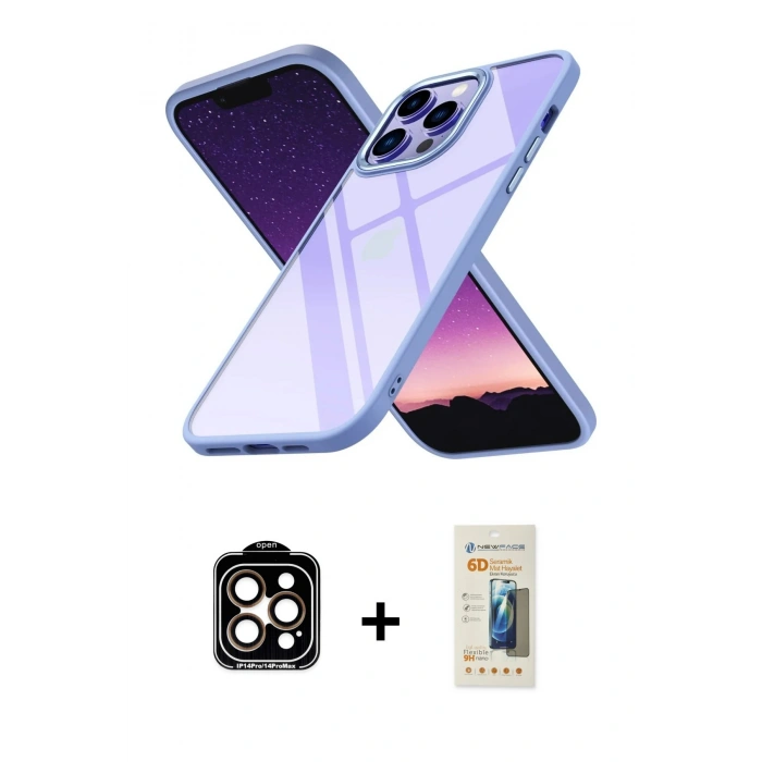 MARSİLYAN™- iPhone 14 Pro Max Kılıf Nova Işık Serisi - Siyah 6D Mat Seramik Hayalet Nano Ekran Koruyucu + PVD Metal Kamera Lens - TU