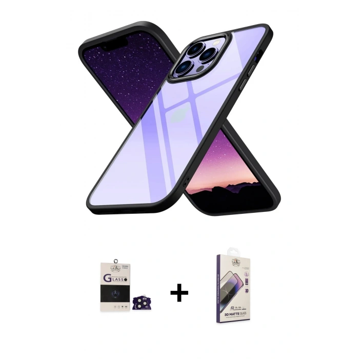 MARSİLYAN™- iPhone 14 Pro Max Kılıf Nova Işık Serisi - Siyah Bilvis 3D Mat Cam Ekran Koruyucu + Bilvis Titan Kamera Lens - DNMR