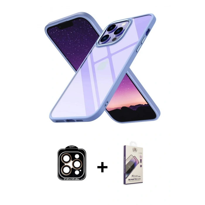 MARSİLYAN™- iPhone 14 Pro Max Kılıf Nova Işık Serisi - Siyah Bilvis 3D Mat Cam Ekran Koruyucu + PVD Metal Kamera Lens - TU