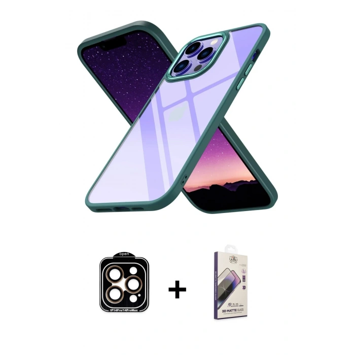 MARSİLYAN™- iPhone 14 Pro Max Kılıf Nova Işık Serisi - Siyah Bilvis 3D Mat Cam Ekran Koruyucu + PVD Metal Kamera Lens - TU