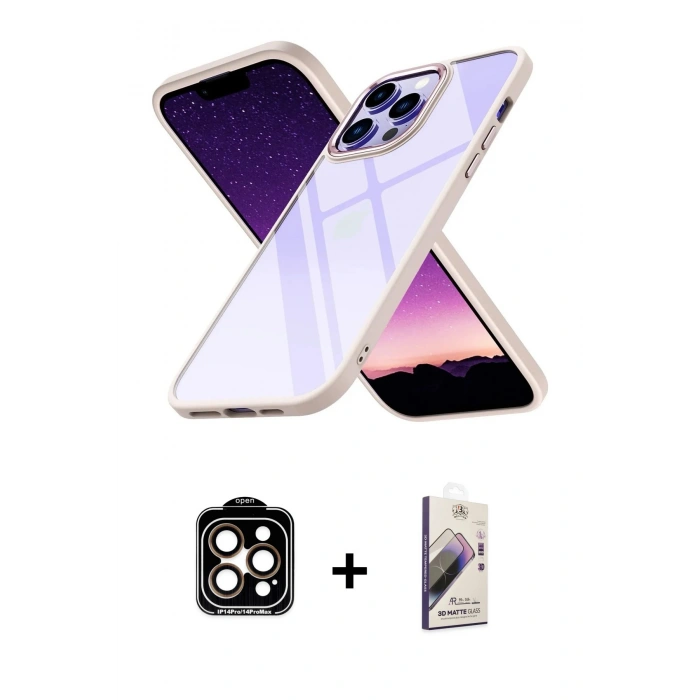 MARSİLYAN™- iPhone 14 Pro Max Kılıf Nova Işık Serisi - Siyah Bilvis 3D Mat Cam Ekran Koruyucu + PVD Metal Kamera Lens - TU