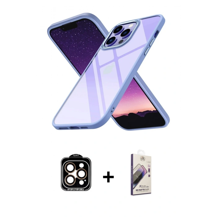 MARSİLYAN™- iPhone 14 Pro Max Kılıf Nova Işık Serisi - Siyah Bilvis 3D Mat Cam Ekran Koruyucu + PVD Metal Kamera Lens - TU